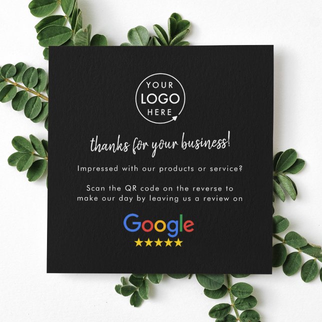 Cartão De Visita Quadrado Google Revise-nos Negros Comerciais Obrigado Códig (Google Review interactive QR code cards branded with your company logo.)