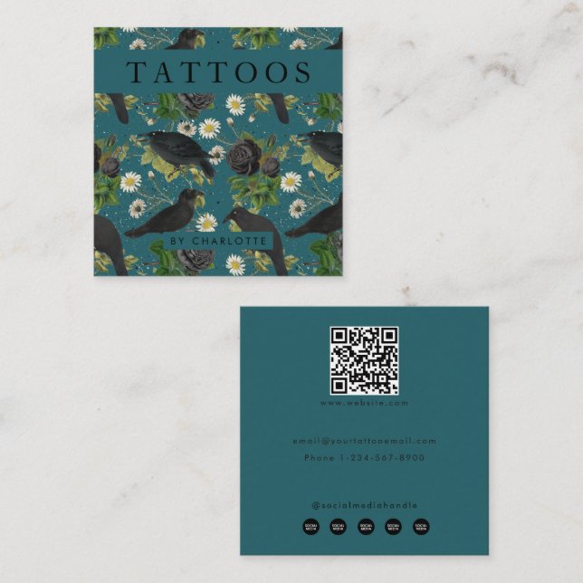 Cartão De Visita Quadrado Gótico Corvos e Rosas Pretos Tatuador (Frente/Verso)