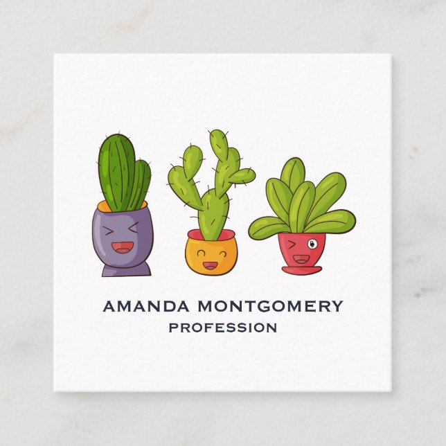 Cartão De Visita Quadrado Gráfico de três cactos bonitos em Potes de flores (Frente)