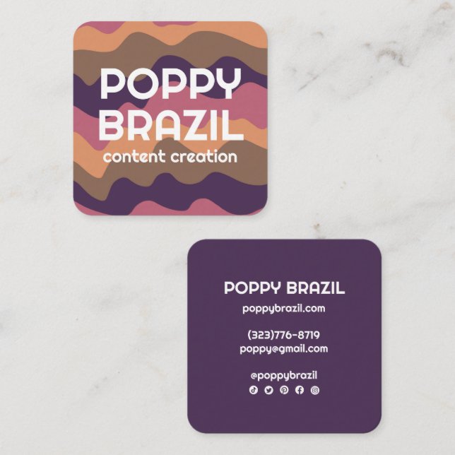 Cartão De Visita Quadrado GRANDE NEGRITO RETRO Curva Listras onduladas Roxo  (Frente/Verso)