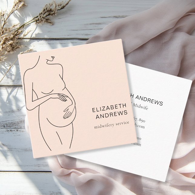 Cartão De Visita Quadrado Grávida Simpel Modern Peach (Modern, minimalist business card, peach, black. Line Art Illustration, pregnant woman. Enter your da)