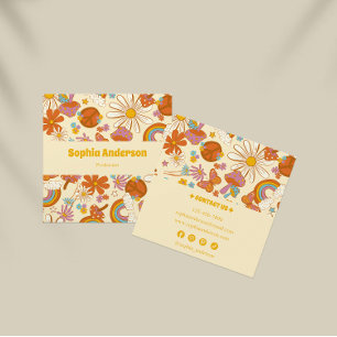 Cartão De Visita Quadrado Groovy Boho Retro com Design Floral Colorida 70s