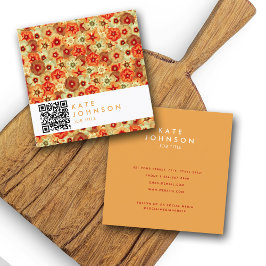 Cartão De Visita Quadrado Groovy Retro Orange Hippie Flowers Código QR