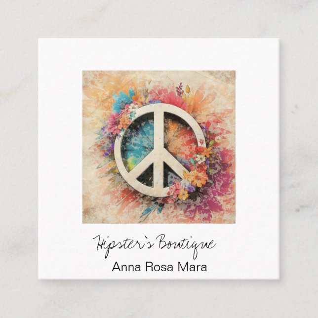 Cartão De Visita Quadrado *~* Grunge AP57 Boho QR Peace Symbol Floral (Frente)