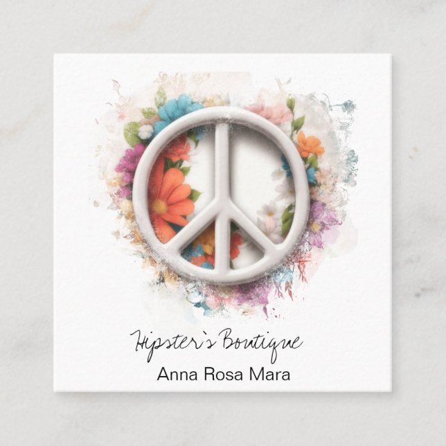 Cartão De Visita Quadrado *~* Grunge QR White Peace Sign Flowers Boho AP57 (Frente)