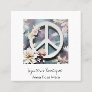 Cartão De Visita Quadrado *~* Grunge White Peace Sign Flowers Boho QR AP57