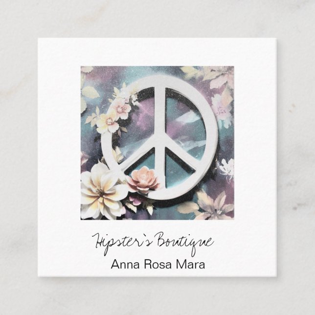 Cartão De Visita Quadrado *~* Grunge White Peace Sign Flowers Boho QR AP57 (Frente)