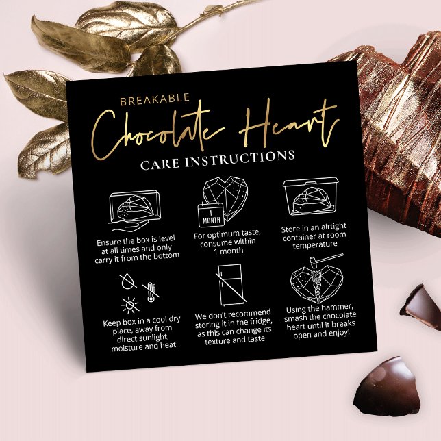 Cartão De Visita Quadrado Guia de cuidados cardíacos de chocolate quebrável  (Black and gold breakable chocolate heart care instructions cards with space for your logo)