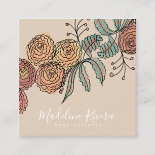 Cartão De Visita Quadrado Guirlanda de flores de rabisco folhagens Designer