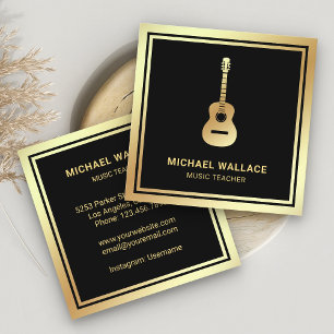 Cartão De Visita Quadrado Guitarra de folha de ouro preto professor de músic