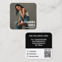 Cartão De Visita Quadrado Hair Styist Modelo Black Qr Code Mídia Social