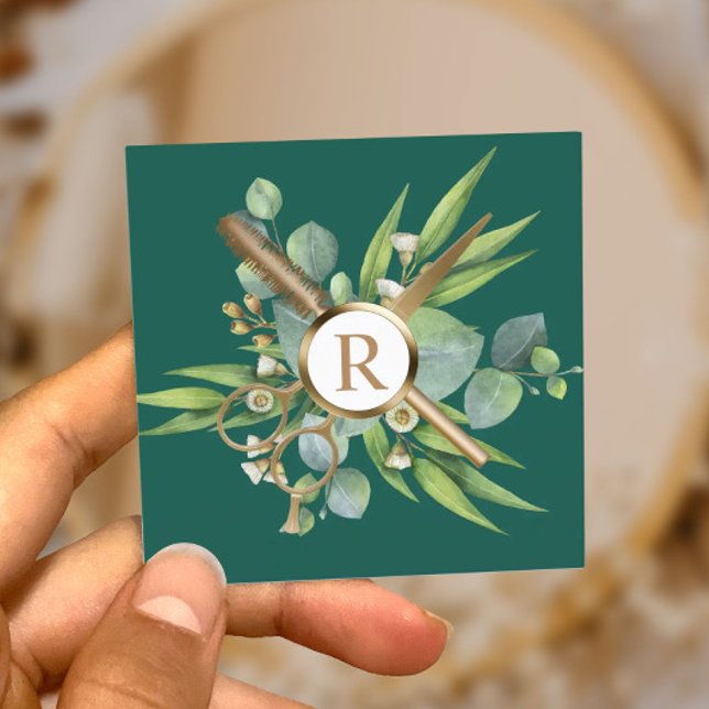 Cartão De Visita Quadrado Hair Stylist Lashes Salão Botânico Verde (Criador carregado)