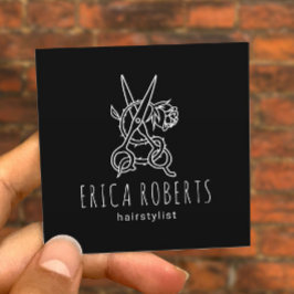 Cartão De Visita Quadrado Hair Stylist Logotipo de Rosa da Tesoura Black Bea