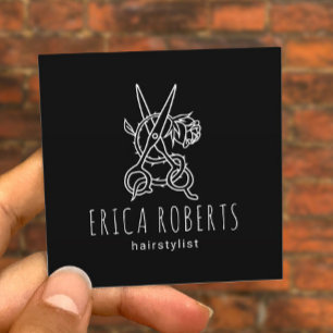 Cartão De Visita Quadrado Hair Stylist Logotipo de Rosa da Tesoura Black Bea