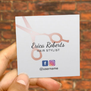 Cartão De Visita Quadrado Hair Stylist Rosa Dourada Tesoura Salon Social Med