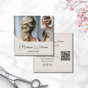 Cartão De Visita Quadrado Hair Stylist Salon 3 Fotos Código QR