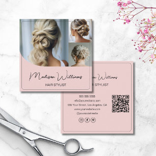 Cartão De Visita Quadrado Hair Stylist Salon 3 Fotos QR Rosa