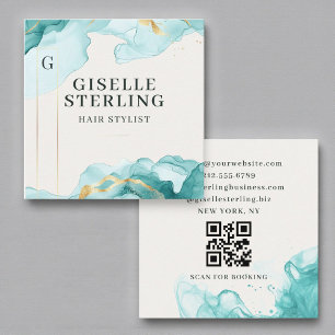 Cartão De Visita Quadrado Hair Stylist Teal Blue Watercolor Código QR