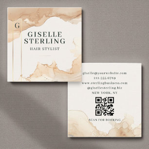 Cartão De Visita Quadrado Hair Stylist Watercolor QR Code Beige Gold Foil