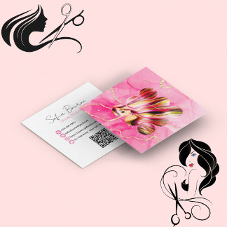 Cartão De Visita Quadrado Hairdresser Moderno Código QR Rosa