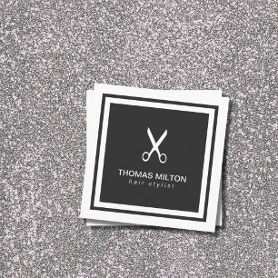 Cartão De Visita Quadrado Hairstylist de Tesoura Branca Negra Elegante Moder