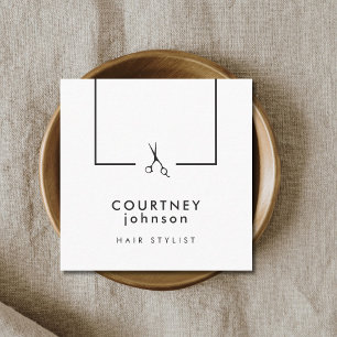 Cartão De Visita Quadrado Hairstylist de Tesouras Brancas Negras Modernas El