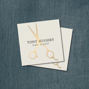 Cartão De Visita Quadrado Hairstylist Dourada de Tesouras Brancas Simples El