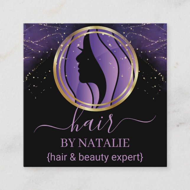 Cartão De Visita Quadrado Hairstylist, roxo e profissional de ouro (Frente)