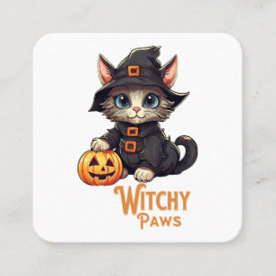 Cartão De Visita Quadrado Halloween Cat Witchy Paws