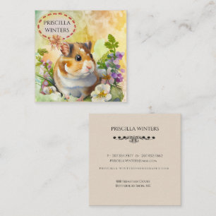 Cartão De Visita Quadrado Hamster e Flores de Cama de Aquarela