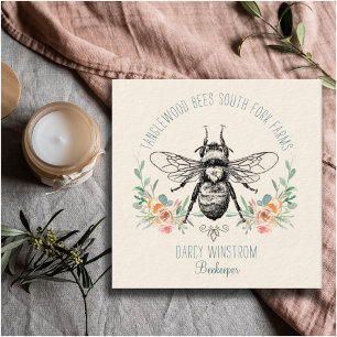 Cartão De Visita Quadrado Hand Drawn Honey Bee Beekeeper Apiary Floral