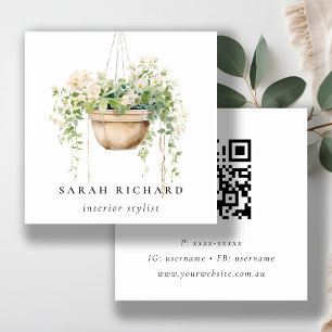 Cartão De Visita Quadrado Hanging Floral House Plantas Botânicas Código QR