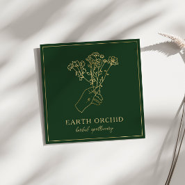 Cartão De Visita Quadrado Herbal + Apotecário Floral Dourado e Verde
