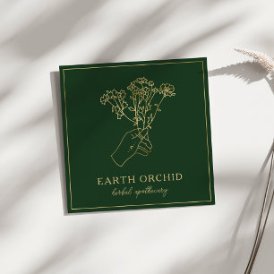 Cartão De Visita Quadrado Herbal + Apotecário Floral Dourado e Verde