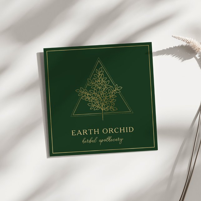 Cartão De Visita Quadrado Herbal + Apotecário Floral Dourado e Verde (Criador carregado)