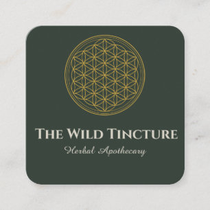 Cartão De Visita Quadrado Herbal Elegante Floral da Vida Lineart Verde Escur