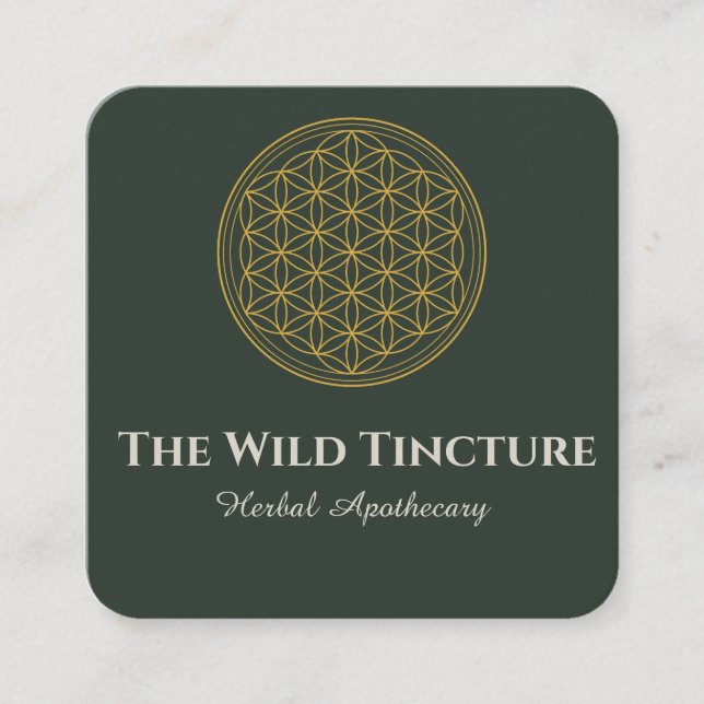 Cartão De Visita Quadrado Herbal Elegante Floral da Vida Lineart Verde Escur (Frente)