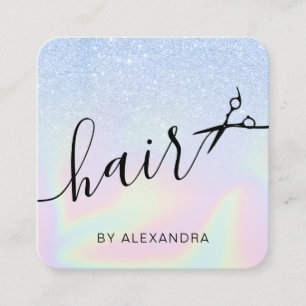 Cartão De Visita Quadrado Hirstylist holográfica azul moderno