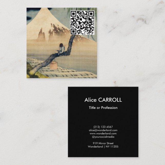 Cartão De Visita Quadrado Hokusai - Menino Vivendo o Monte Fuji - Código QR (Frente/Verso)