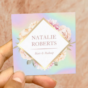 Cartão De Visita Quadrado Holographic Pastel Floral Makeup Artist Hair Salon