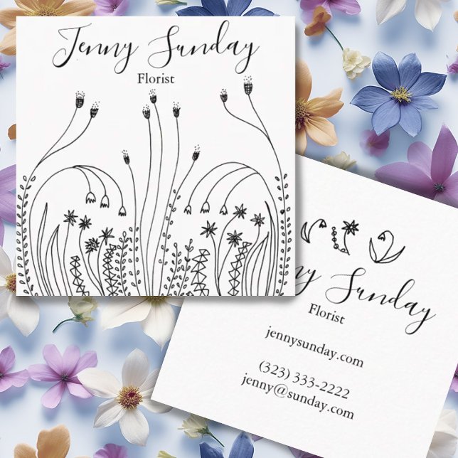 Cartão De Visita Quadrado Horticultura da Arte da Linha do Jardim (Hand drawn botanical  line art on a custom business card)