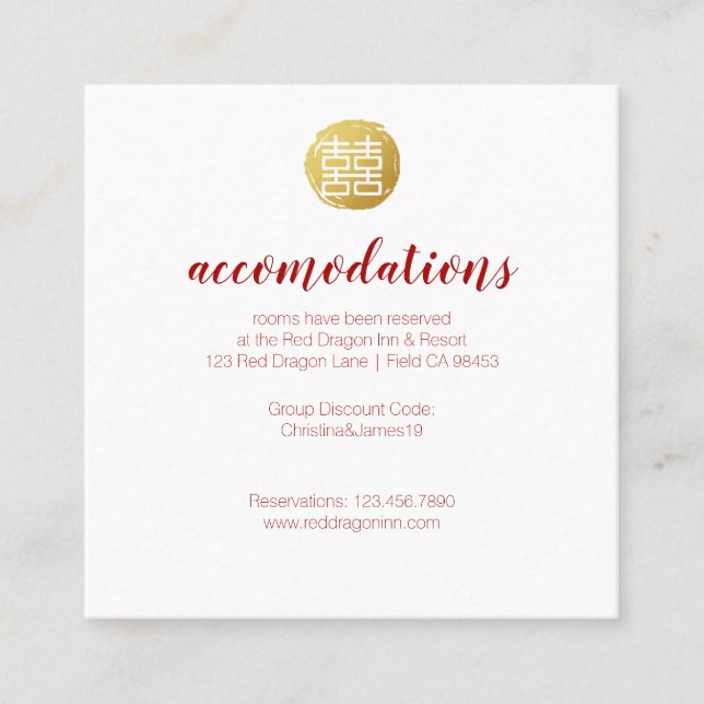 Cartão De Visita Quadrado Hotel Chinês Dourado de Bambu e Felicidade Dupla (Frente)