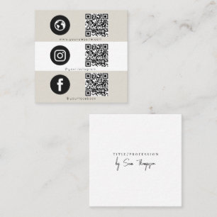 Cartão De Visita Quadrado Ícone Triplo Moderno & Código QR Social Media Bege