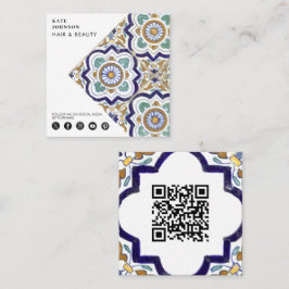 Cartão De Visita Quadrado Ícones de Azulejos Botânicos Vintage Código QR Cód