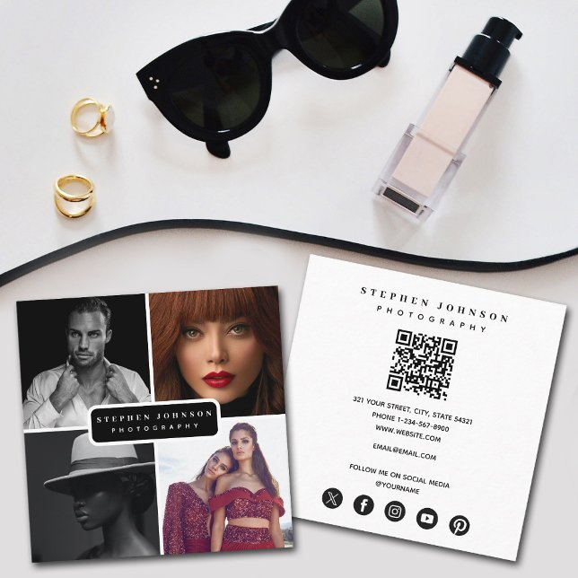 Cartão De Visita Quadrado Ícones de mídia social do código QR do fotógrafo 4 (Photographer 4 Photos QR Code Social Media Icons Square Business Card)