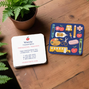 Cartão De Visita Quadrado Ilustrações de Ícones de Suprimentos Escolares de 