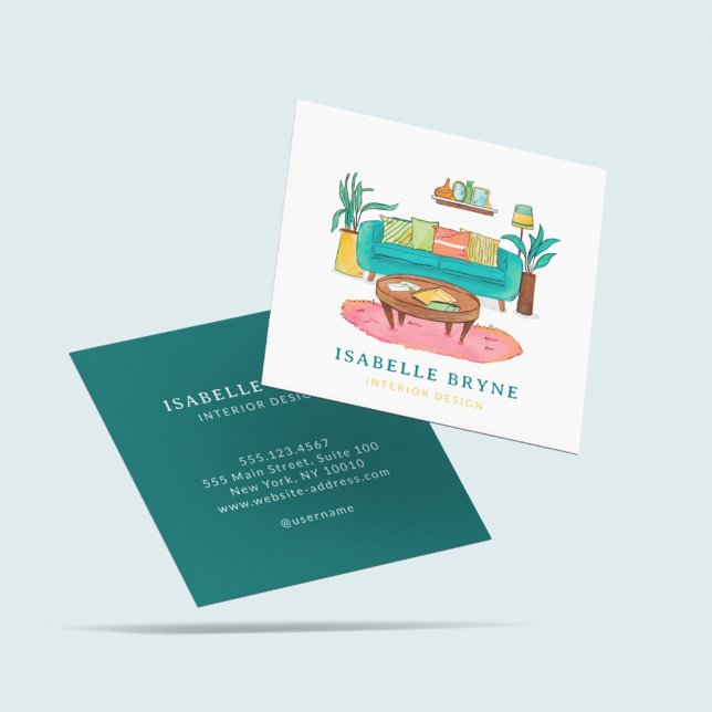 Cartão De Visita Quadrado Imagem interior do Mobiliário de Aquarela de Prepa (Criador carregado)