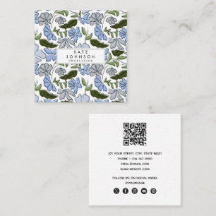 Cartão De Visita Quadrado Impressão de Bloco Floral Desenhado à Mão Azul e V