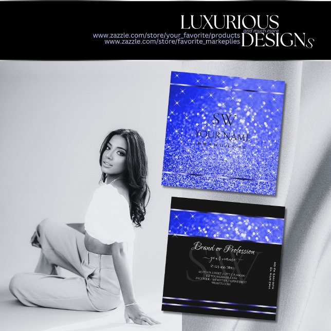 Cartão De Visita Quadrado Iniciais de Estrelas de Brilho Azul Real Shimmery (Criador carregado)