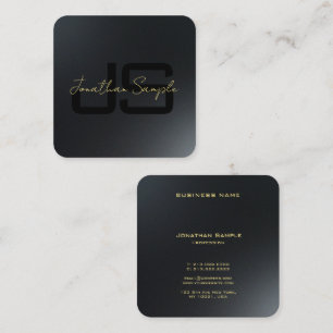 Cartão De Visita Quadrado Iniciais de Monograma Elegante Preto e Dourado Per